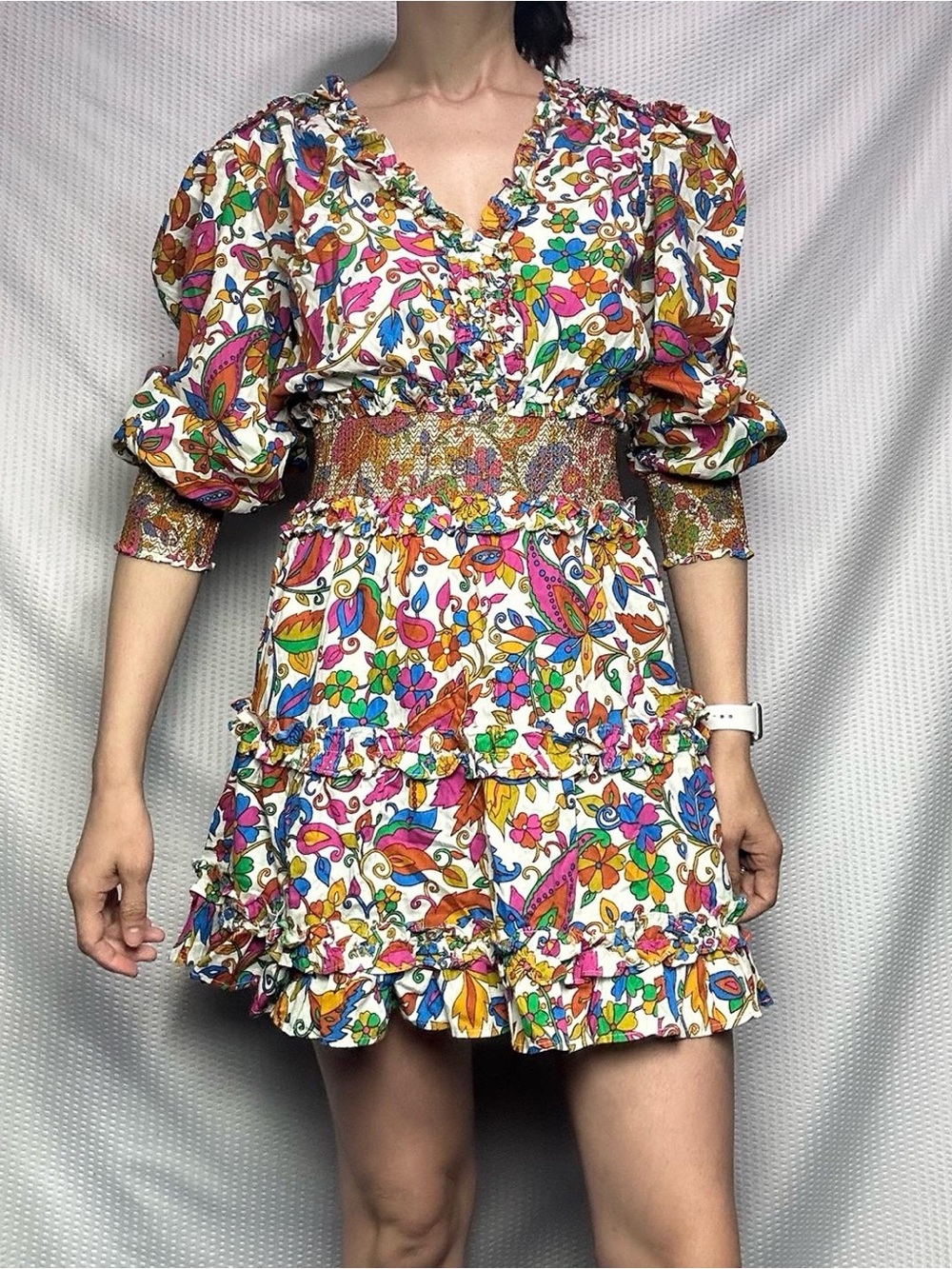 House of Harlow 1960 Dress puffy sleeve -Paisley Ruffle Mini -  long sleeve - XS